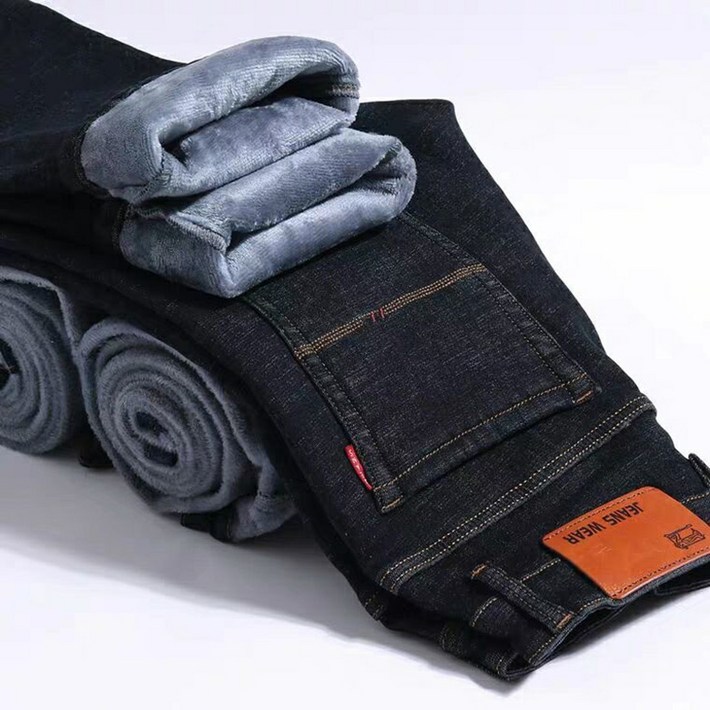 ORZQU 겨울 남성 캐주얼 기모 슬림핏 기모 하프 데님 팬츠