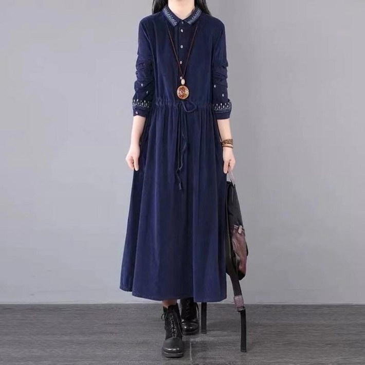 PEROLA 여성 가을 겨울 코듀로이 원피스 루즈핏 빅사이즈  셔츠원피스 자수 포켓 허리스트링 캐주얼 롱 원피스