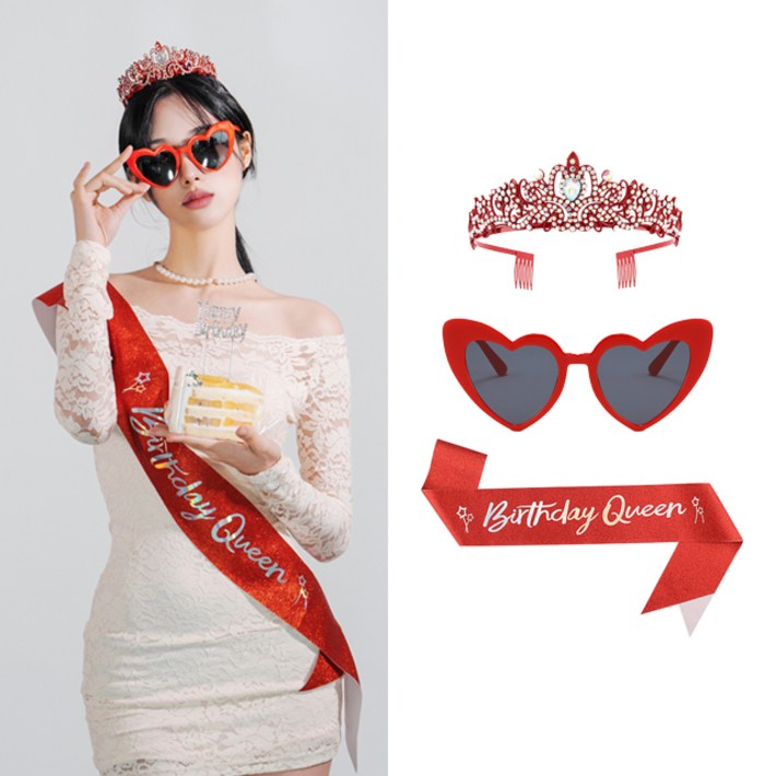 키치셀럽 인싸 생일파티 키치포인트 벌스데이 티아라 선글라스 세트, 1세트, 레드 키치셀럽 인싸 생일파티 키치포인트 벌스데이 티아라 선글라스 세트, 1세트, 레드