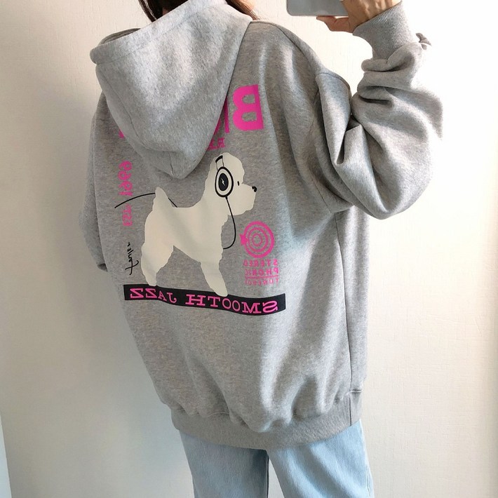 러브앤시티 오버핏 비숑 후드티셔츠 남녀공용 박스핏 빅사이즈 커플후드티 쭈리, 기모