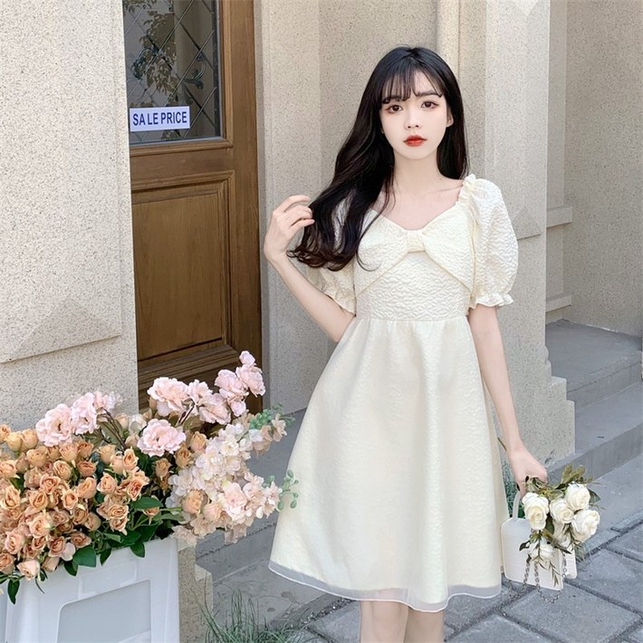 크레스티 여성용 러블리 퍼프소매 리본 미니원피스 스퀘어넥 A라인 원피스