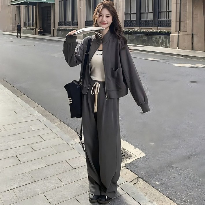 BLACK K7 여성용 캐주얼 트레이닝 세트 베이직 상의집업 와이드 팬츠 투피스 빅사이즈