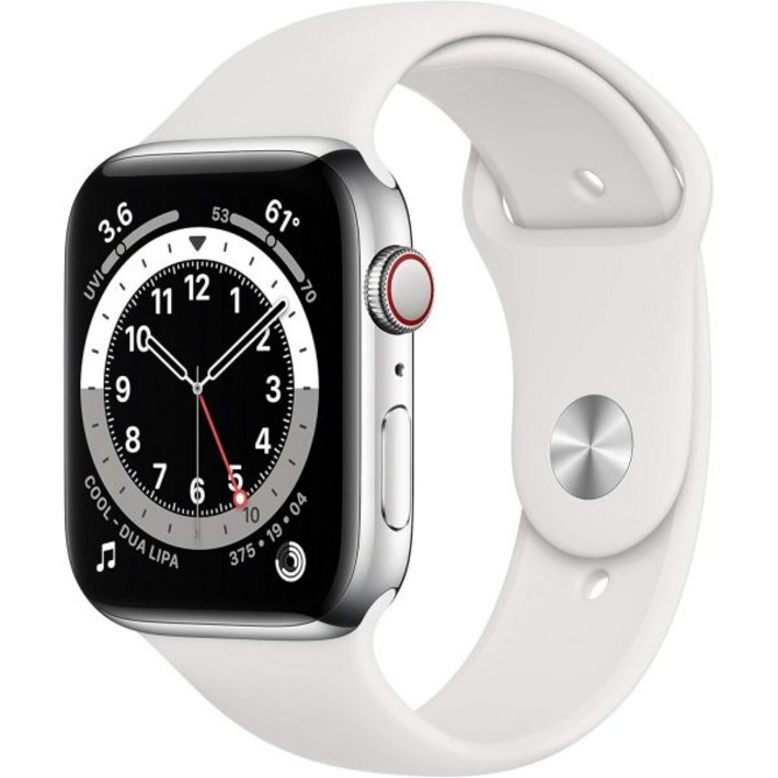 Apple Watch 시리즈 6GPS  셀룰러, 44mm  흰색 스포츠 밴드가 있는 실버 스테인리스 스틸 케이스갱신