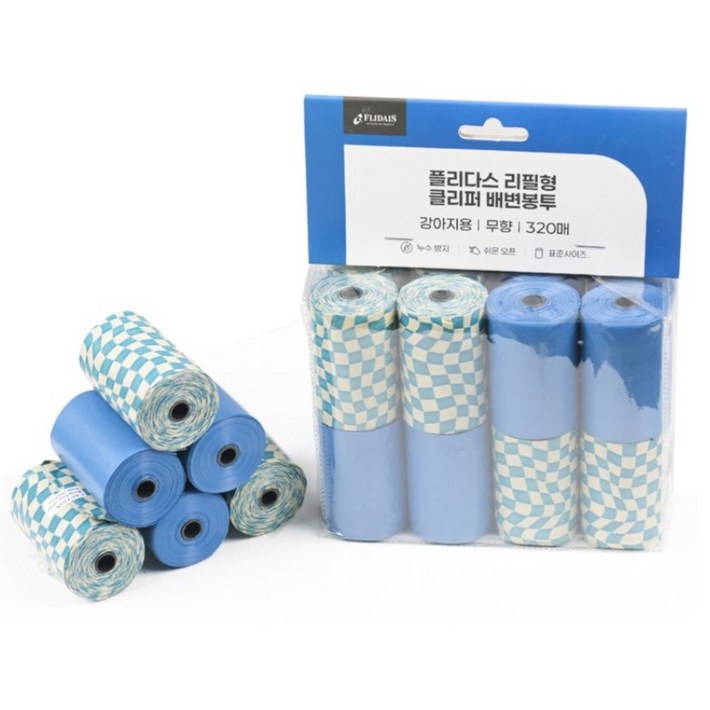 플리다스 클리퍼 강아지 배변봉투 리필형 풉백 320매, 1개, 320개입, 블루체크
