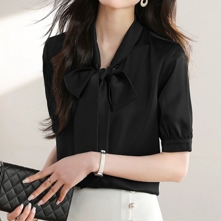 클래식타이 여름정장반팔블라우스 오피스 리본블라우스 무지컬러 데일리룩 하객패션