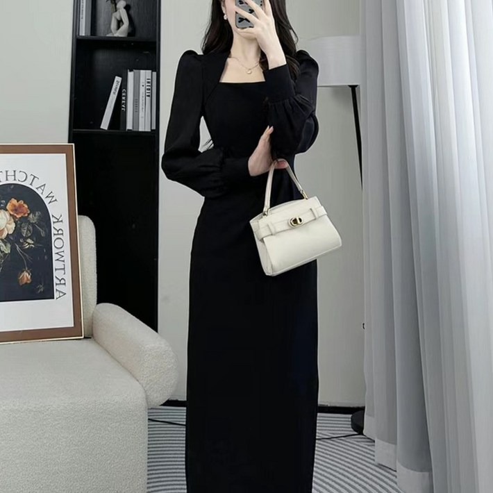 여성 봄가을 긴팔 프렌치 스퀘어넥 미디 원피스 공주 우아한 롱 슬림핏 캐주얼 드레스