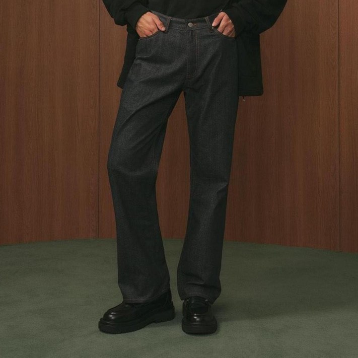 웨스트그랜드블러바드 남녀공용 세미와이드 새틴 스트라이프 생지 데님 팬츠