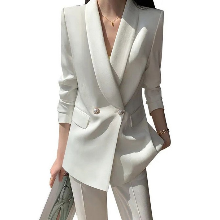 셀럽당 여성용 화이트 패션 정장세트 봄 가을 긴팔자켓+바지 2종세트 사무실세트 Y01195