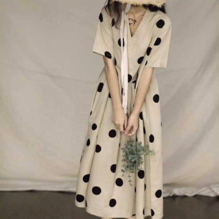 엔젤D A129 브이넥 빅도트 린넨 아사 원피스