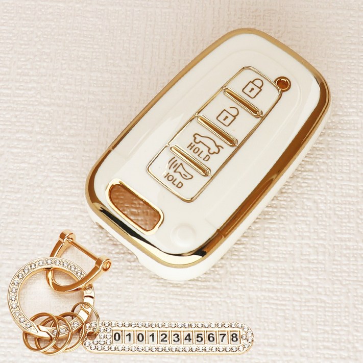 튜모 호환 K3 K5 K7 K8 K9 스포티지 쏘렌토 카니발 EV6 니로 스팅어 모하비 레이 모닝 TPU 골드라인 스마트키케이스 키링, 큐빅오링아이보리