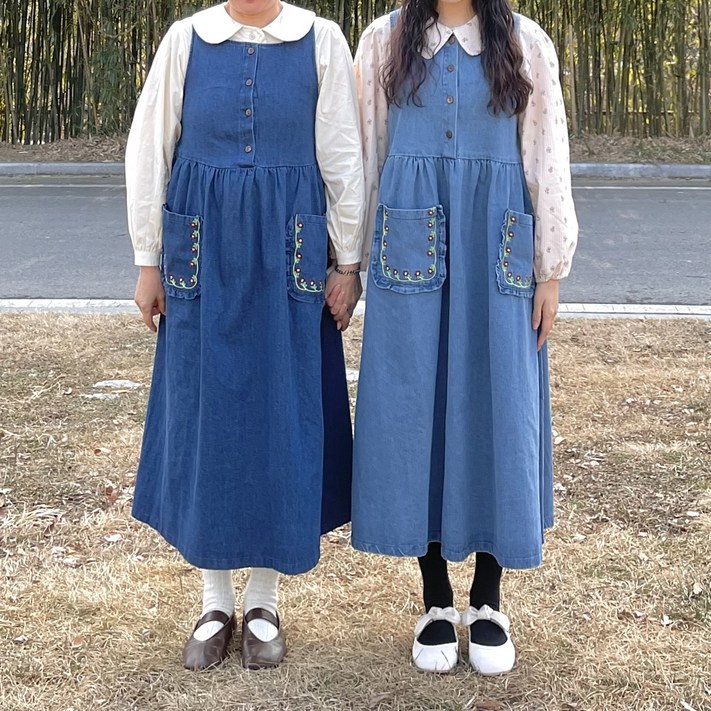 빈티지 포켓 꽃자수 스퀘어넥 데님 원피스 2color