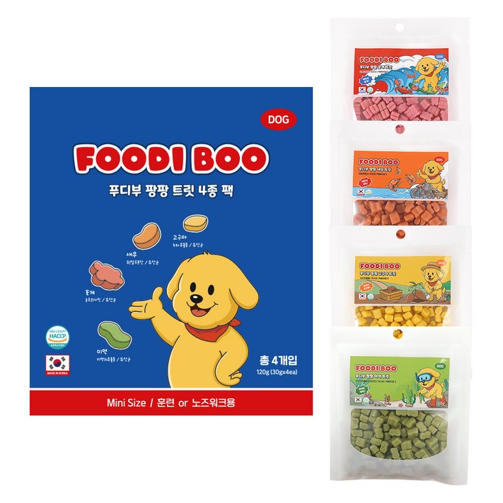 푸디부 강아지 간식 저칼로리 저알러지 노즈워크 트릿 4종팩, 4개, 30g, 혼합맛꽃게,새우,미역,고구마