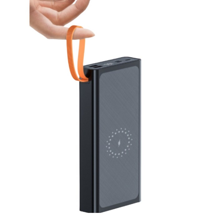 5시건 당일출고 60000mAh 슬림핏 고속 무선충전 보조배터리 4in1 케이블 일체형 파워뱅크 랜턴, 블랙