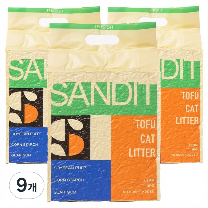 샌딧 두부모래 1.5mm 초미세입자 강력뭉침 먼지제로 프리미엄 대용량, 9개, 10L, 무향