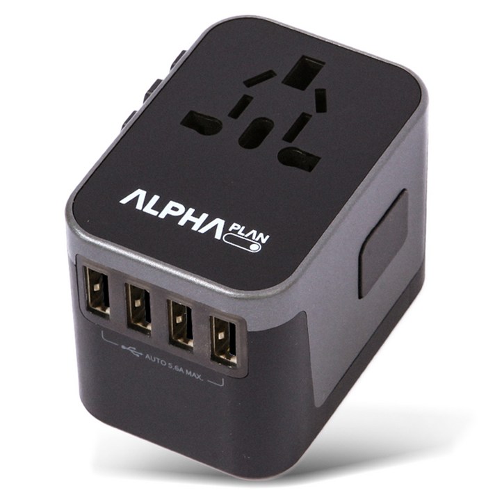 알파플랜 USB 4포트 C타입 1포트 올인원 해외 여행용 멀티 어댑터 블랙 그레이 JY305B, 1개