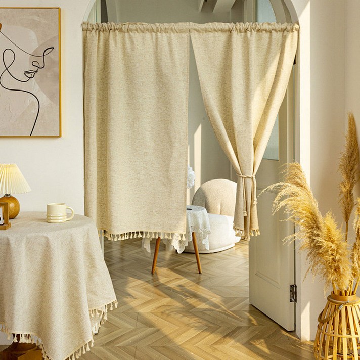 지앤와이 무지 린넨 태슬 하프 도어커튼 2p