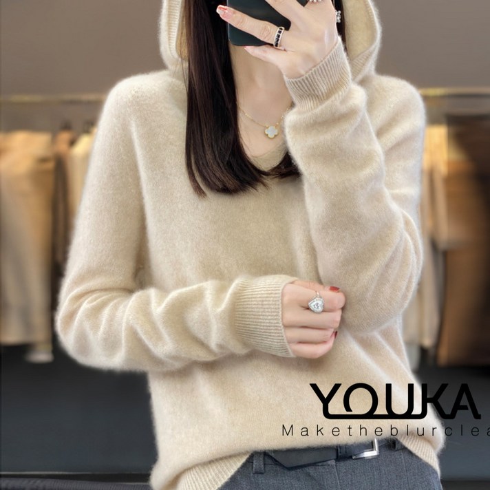 유카 여성 가을 겨울 100 캐시미어 브이넥 모자달린 후드티니트