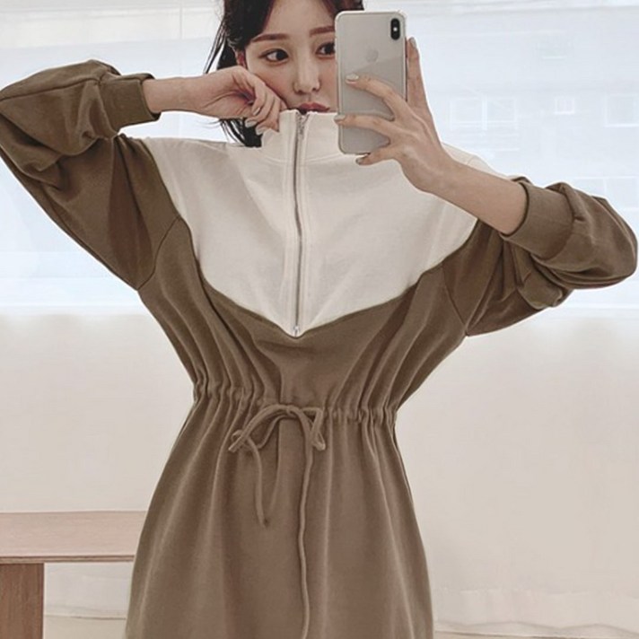 떳다그녀 리즈 배색 집업 원피스 기모 추가