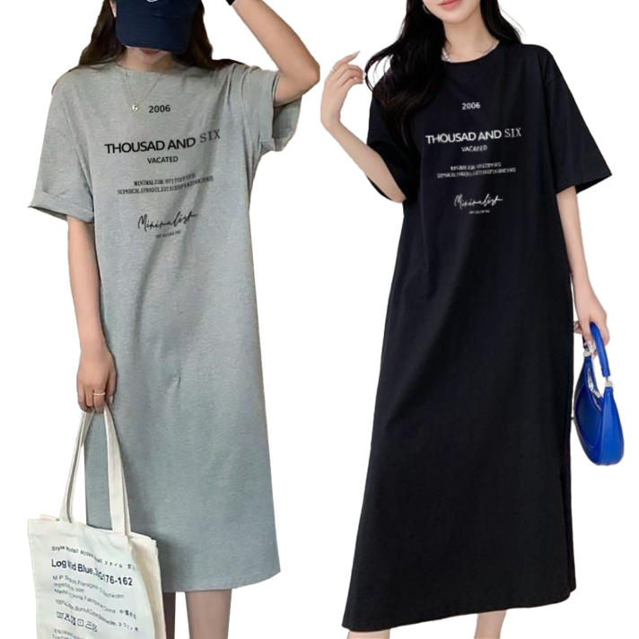 하바우 여성 2006 레터링 여름 홈웨어 오버핏 빅사이즈 롱 트임 반팔 원피스 2P