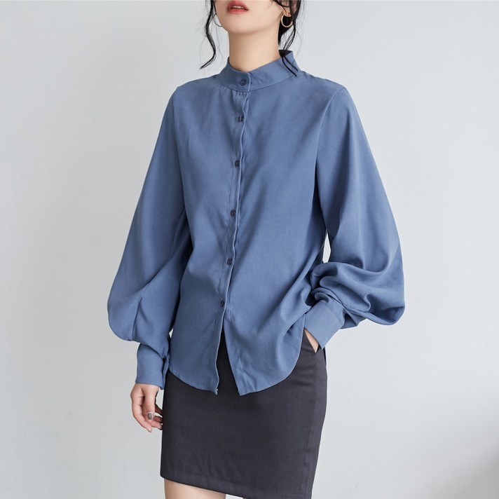 뉴욕멋쟁이 벌룬소매 차이나넥 블라우스 캐주얼 베이직 단색 무지 스탠드카라 벌룬소매 셔츠블라우스