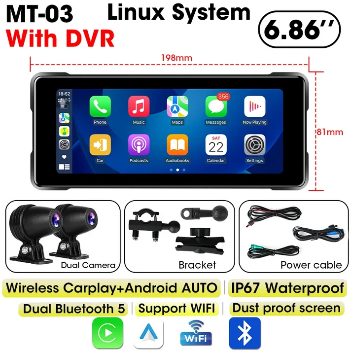 GPS 내비게이션 오토바이 DVR 무선 카플레이 안드로이드 자동 방수 모토 휴대용 듀얼 블루투스 모니터 6.86