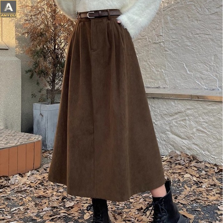 ANYOU 모직 스커트 코듀로이 스커트 가을 겨울 치마 롱 스커트  데일리베이직 스커트