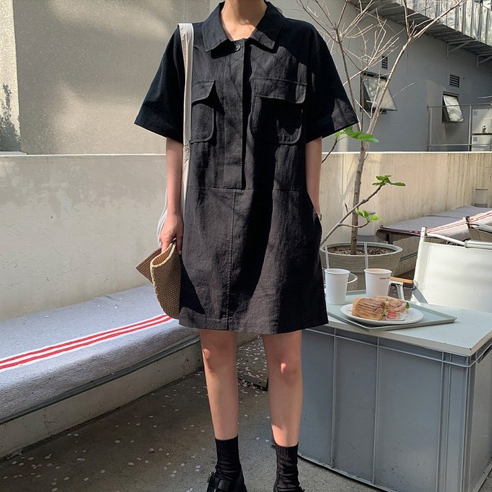 더블공주 카라디자인 캐주얼 포켓포인트 셔츠형 반팔 원피스