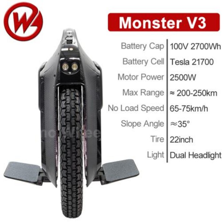 외발 전동휠 오리지널 Gotway Monster V3 Plus 22 인치 전기 자전거 TiTan 3 번째 몬스터 100V 2700Wh 풀 블랙 듀얼 헤드라이트 21700 배터리, 없음, 3 100V 2700Wh
