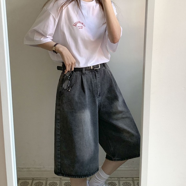 앤샵 남녀공용당일출고 원스 데일리 핀턱 와이드 워싱 데님 버뮤다팬츠 버뮤다 반바지 청반바지2color