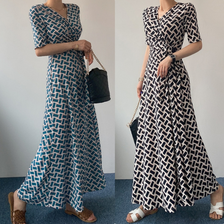 에이스토리 여름 브이넥 나염 랩 롱원피스 봄가을 슬림핏 날씬 랩원피스