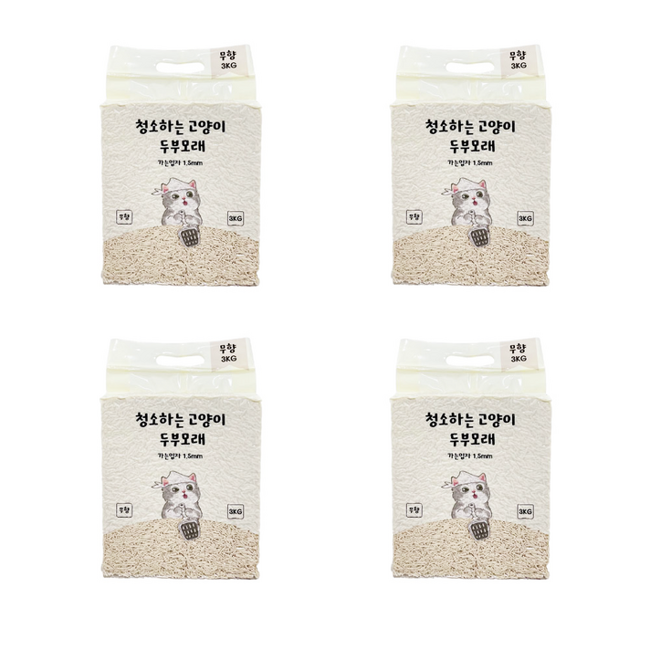 청소하는 고양이 두부모래 가는입자 1.5mm, 무향, 4개, 3kg 청소하는 고양이 두부모래 가는입자 1.5mm, 무향, 4개, 3kg