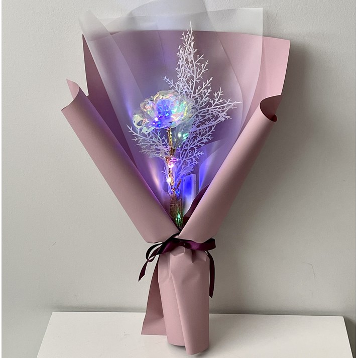 미다운플라워 조화 홀로그램 장미 미니꽃다발 LED 한송이 + 눈꽃 조화, 인디퍼플