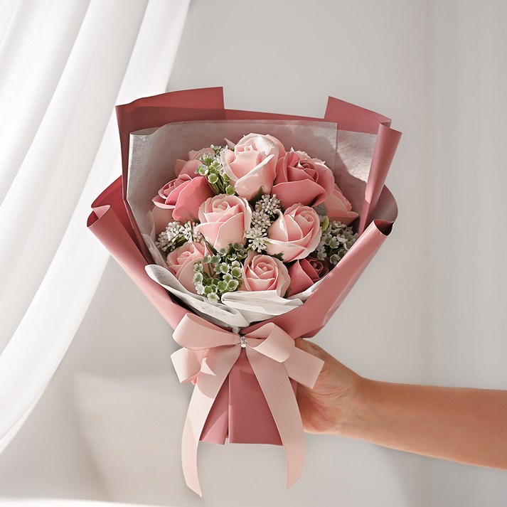 홈인테리어 코코도르 비누꽃 꽃다발 + 쇼핑백 세트, 핑크