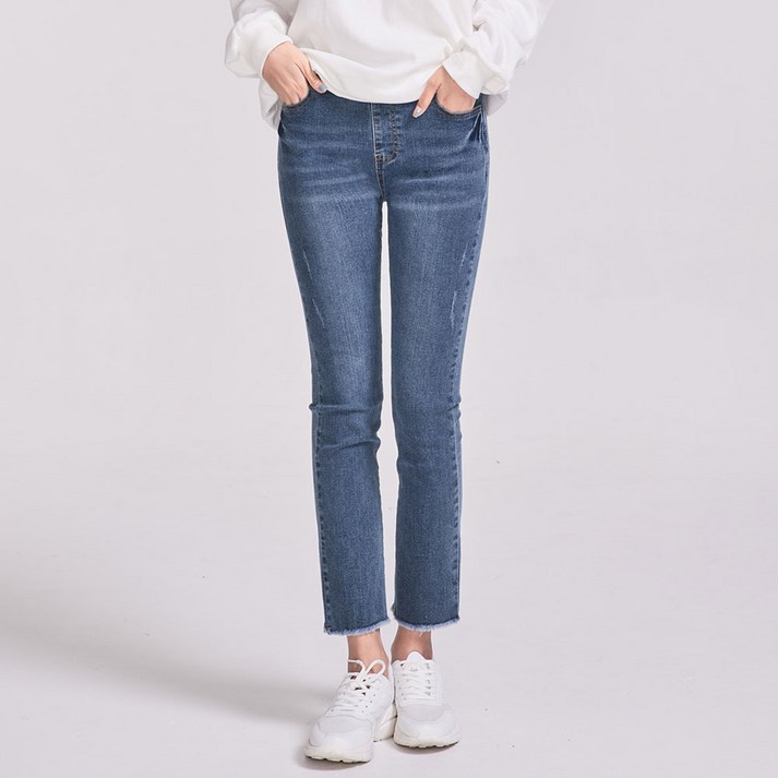 클로니아여성용 밴딩 슬림 스판 밑단수술 스트레이트핏 데님 팬츠 C222WBC