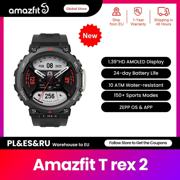 새로운 글로벌 버전 Amazfit T Rex 2 야외 스마트 워치 150  내장 스포츠 모드 24 일 배터리 수명 안드로이드 iOS