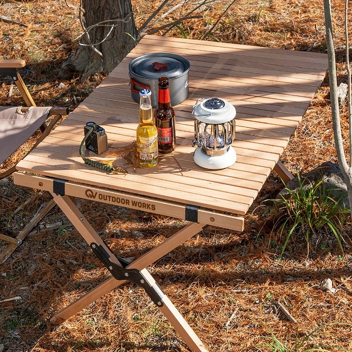 캠핑원목테이블 아웃도어웍스 캠핑 테이블 접이식 높이조절 원목 우드롤 캠핑용 롤테이블