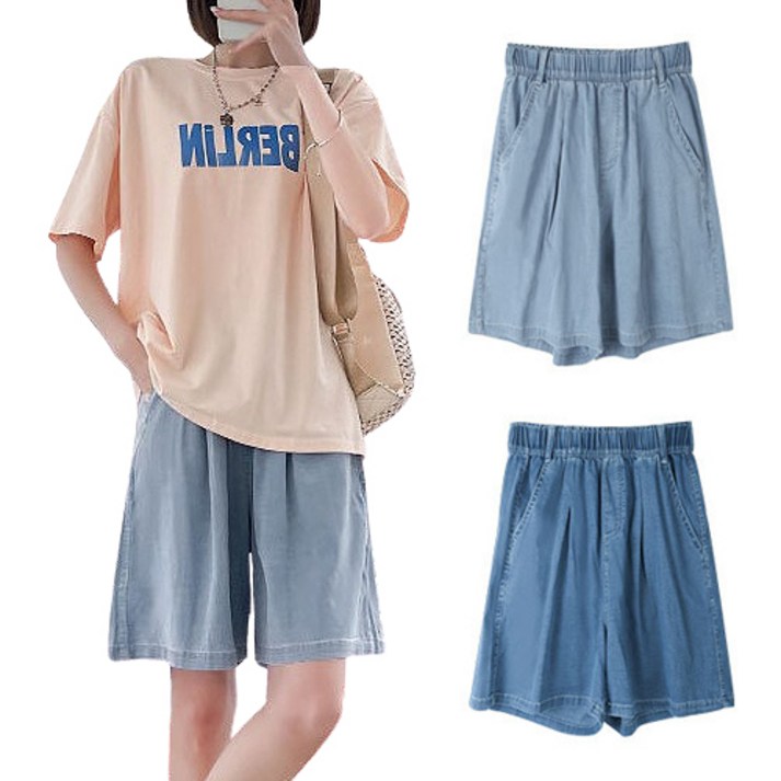 핑크셀럽 여성용 아이스 쿨링 와이드 밴딩 5부 청반바지 데님 팬츠