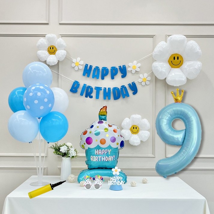 연지마켓 생일 파티 케이크 데이지 왕관 숫자 풍선 가랜드 세트, 1세트, 케이크 블루A 9
