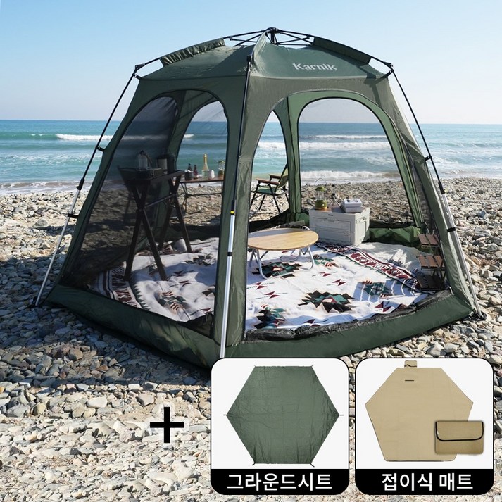 [풀패키지] 거실형 원터치텐트 빅스페이스 특대 자동 팝업텐트 방수 장마 플라이, 텐트색상:딥카키