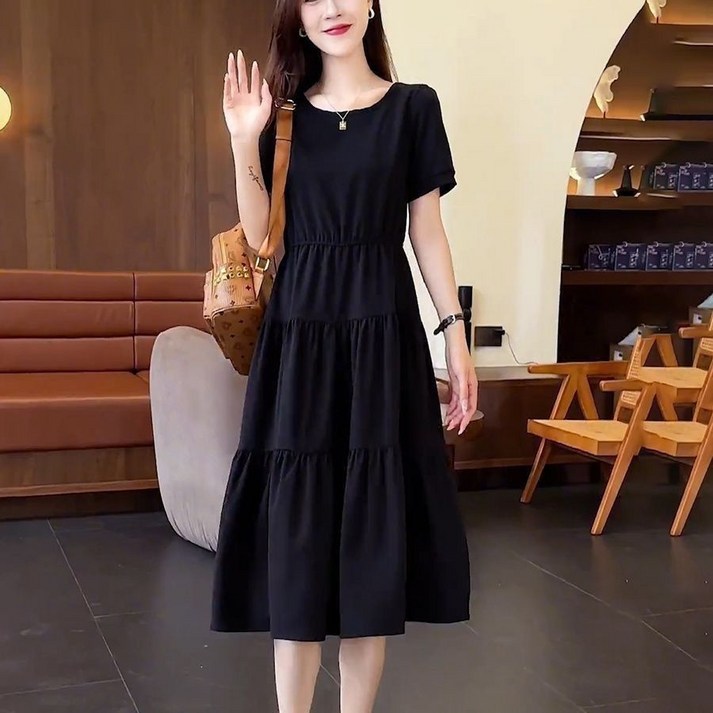 Skyciky 여름 신상품 슬림핏 허리 조절 한판 A라인 반팔 원피스 ZW149