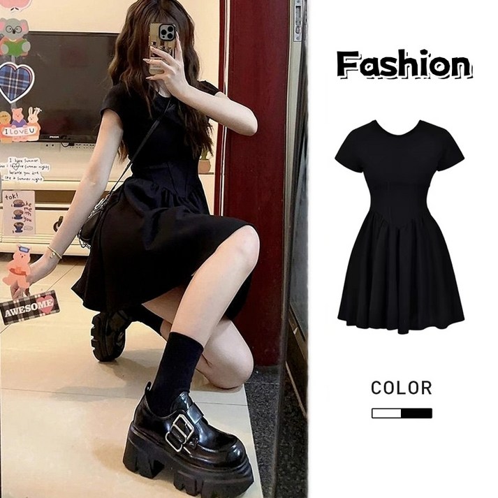 Asure 여름 여성 블랙 미니 원피스 슬림핏 반팔 원피스