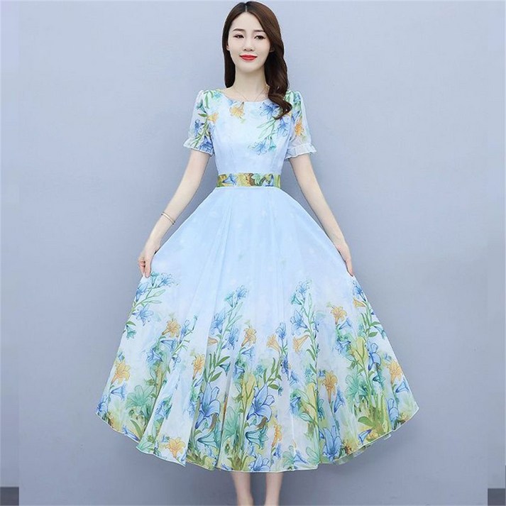 besteffie 여성 여름 플라워 프린트 A라인 드레스 쉬폰 원피스 짧은 소매 고급스러운 스타일 K82