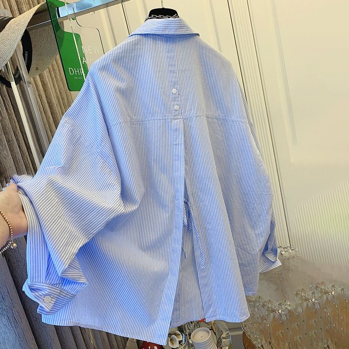 Asure 여성 스트라이프 셔츠 춘추 롱슬리브 오버핏 셔츠 데일리룩