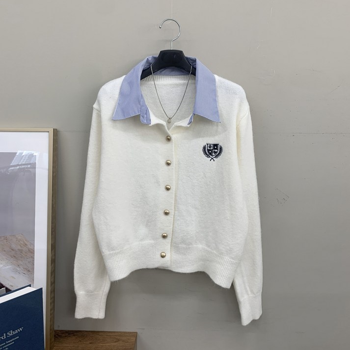 행복여 모딘 스트라이프 셔츠 카라 레이어드 니트 가디건