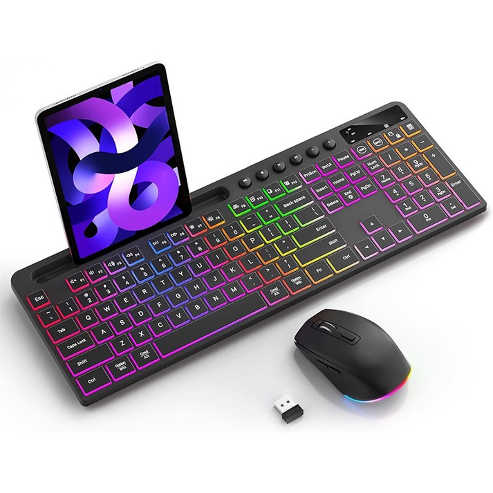 무선 키보드 RGB 호흡등을 키보드 위한 무음 키보드 마우스 세트, 블랙