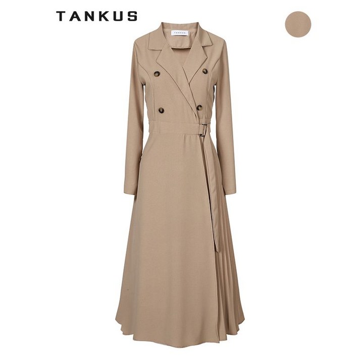 탱커스 여성 트렌치 랩 더블 플리츠 롱 원피스