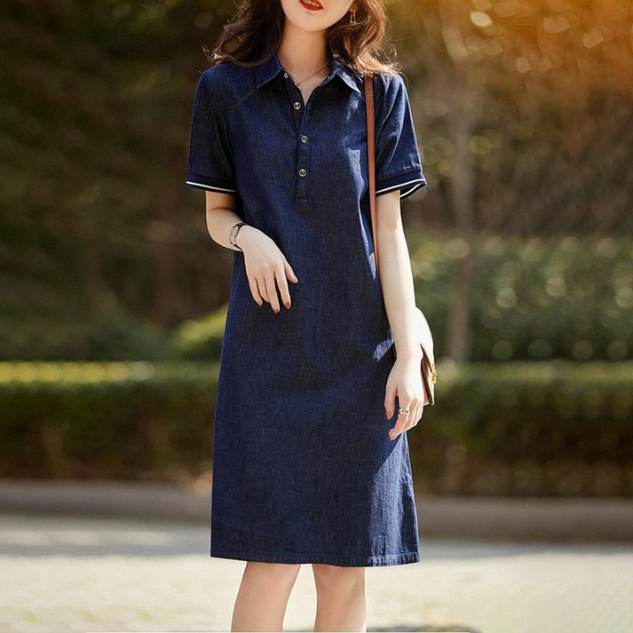 POMTOR 여름 여성 단추 A라인 데님 원피스 얇은 두께 POMTOR 여름 여성 단추 A라인 데님 원피스 얇은 두께