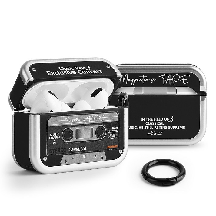 네쎄시드 카세트테이프 에어팟케이스 레트로 클래식, 블랙, 에어팟 프로3, 1개