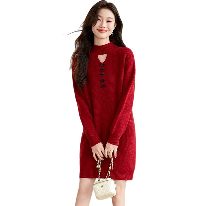 WANGBAIWAN 루즈핏 도톰 하프 가을 겨울 코트 울 니트  반하이넥 솔리드  니트 스커트여자 L112603