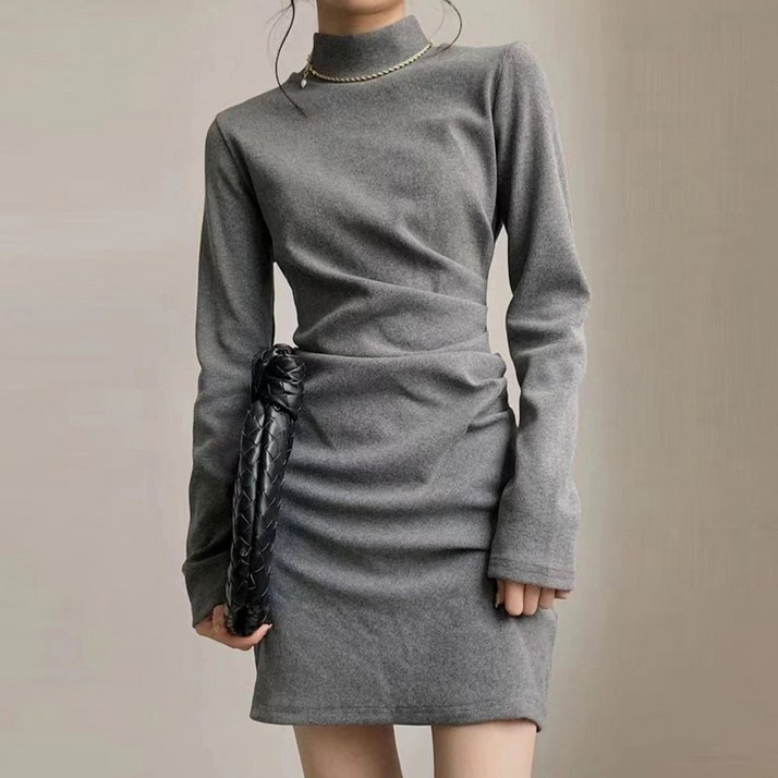 마켓에이 여성용 솔레 셔링 연말 겨울 반폴라 미니 원피스